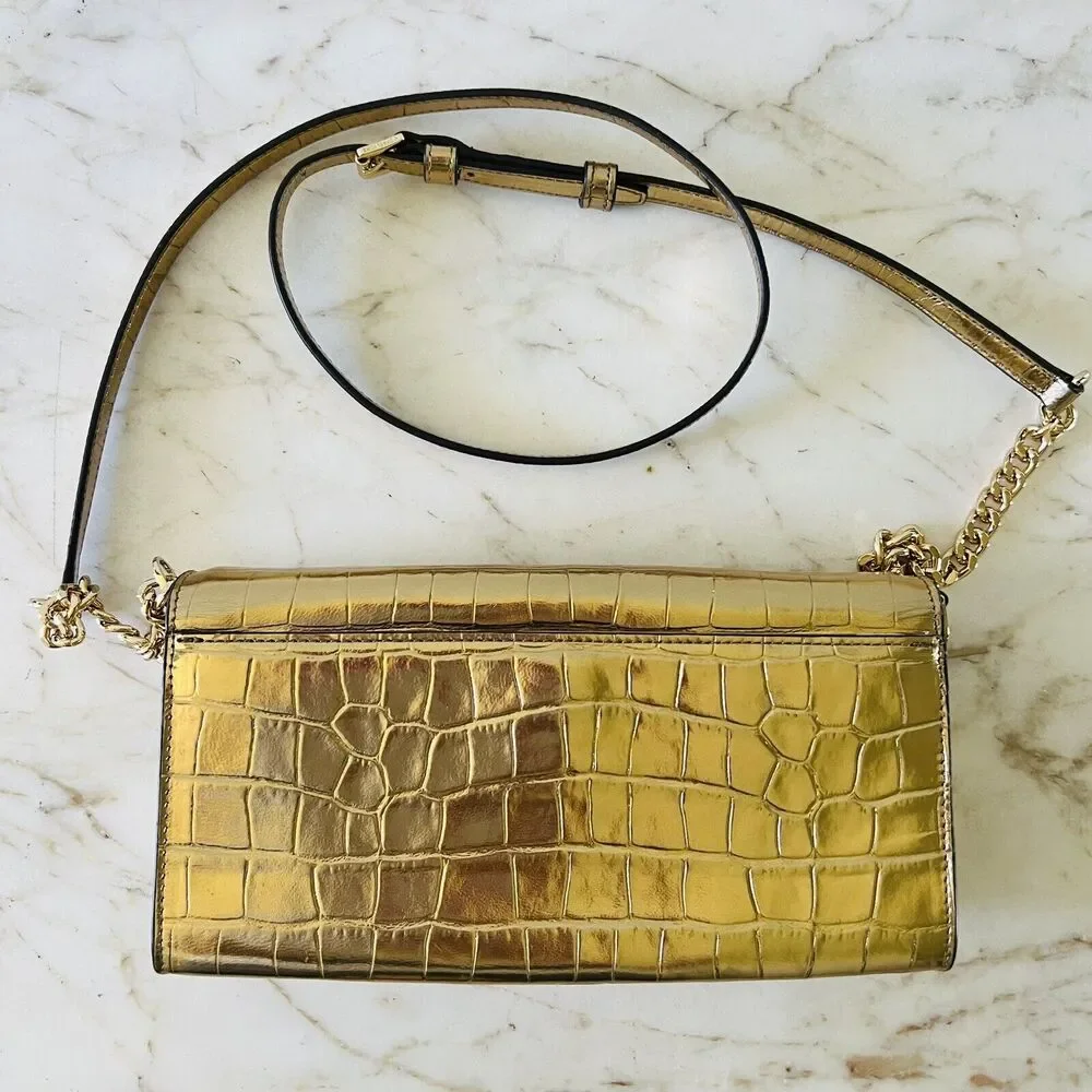 MICHAEL KORS Karla Gold Embossed Leather Clutch Chain Crossbody Bag